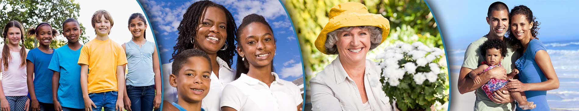 Smiling children and adults in various places